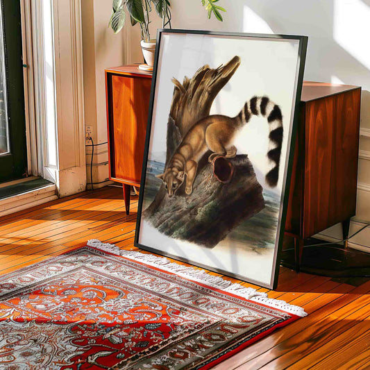 Framed artwork of a lemur on a wooden floor with a rug and cabinet in the background