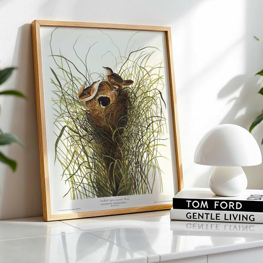 Framed artwork of a bird in grass on a shelf with a white lamp and books.