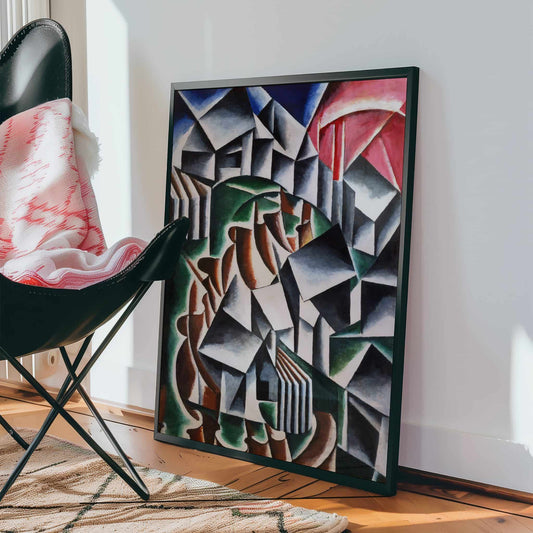 Abstract geometric artwork in a modern interior setting with a chair and rug. Birsk by Lyubov Popova