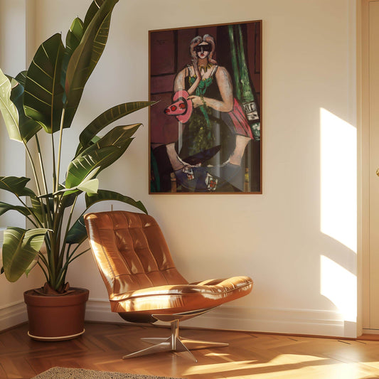 Brown leather chair in a room with a large plant and a painting on the wall.