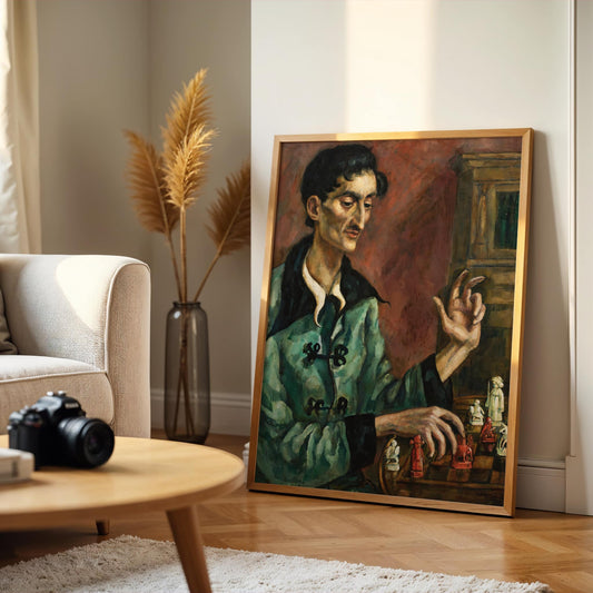 Framed painting of a person playing chess in a living room setting with a camera and vase on a table.