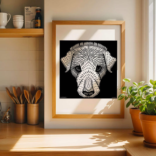 Framed black and white abstract dog portrait on a wall in a kitchen.