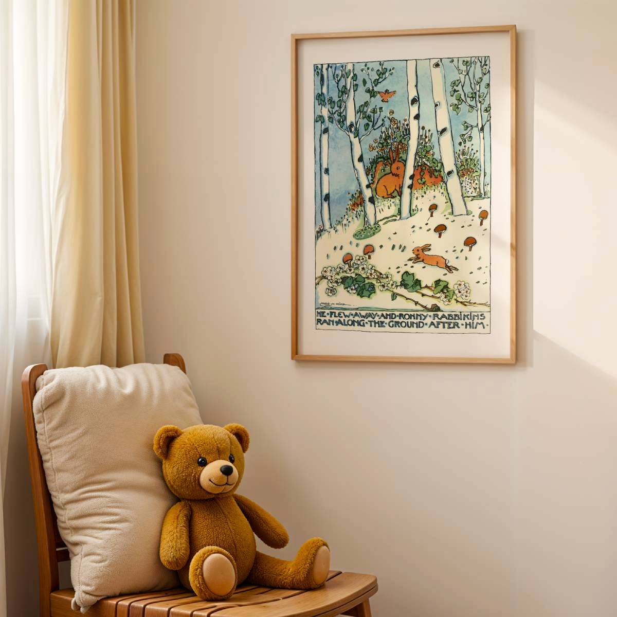 "He flew away and Ronny Rabbikins ran along the ground after him" (1929) | King, Jessie M.