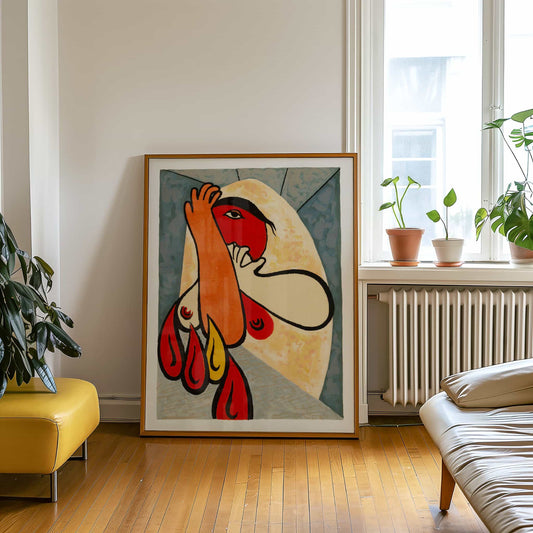 Framed abstract artwork in a living room with plants and a radiator.
