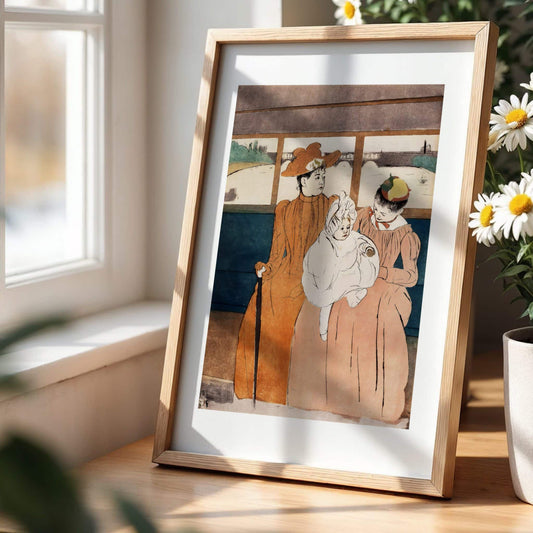Framed artwork of two women on a wooden surface with a window in the background