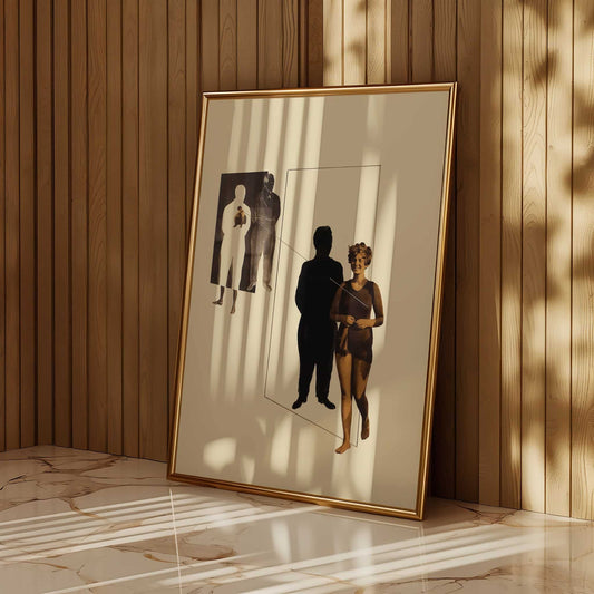 Jealousy by Laszlo Moholy-Nagy. Framed artwork of a couple on a wooden wall with sunlight casting shadows.