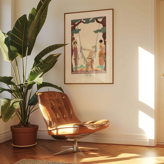 Brown leather chair next to a potted plant with a framed artwork on the wall.