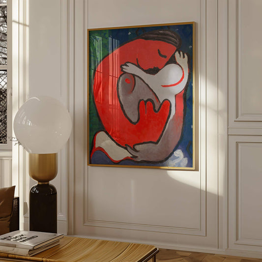 Abstract artwork of a red fish and human figure in a modern living room.