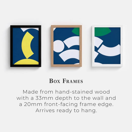 Three abstract art prints in different frames on a white wall with text about box frames.