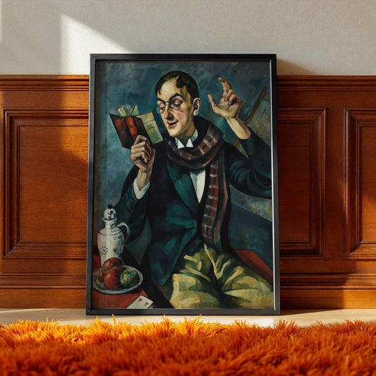 Framed painting of a man with a book against a wooden wall.