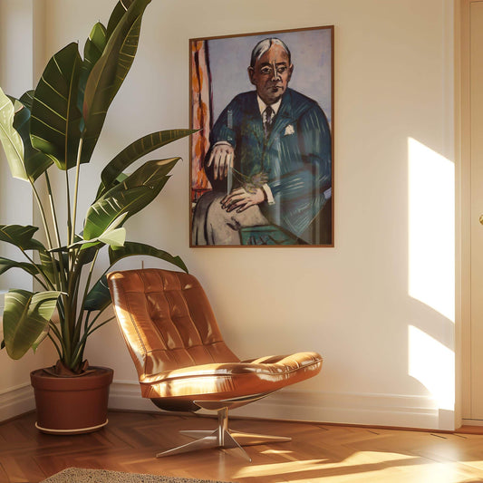 Brown leather chair in a room with a large plant and a portrait of a man on the wall.