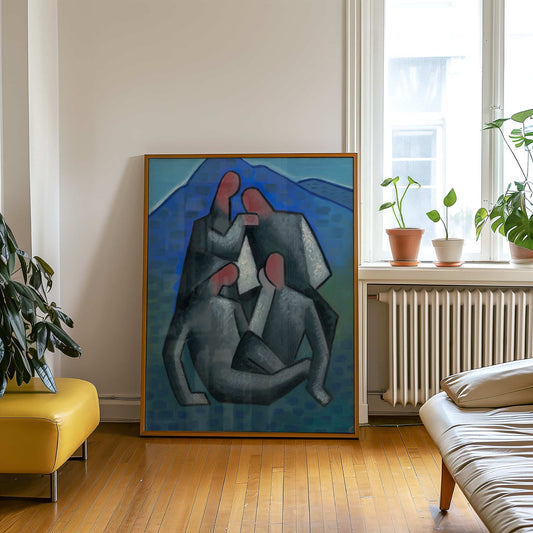 Abstract painting of two figures in a room with plants and a radiator.