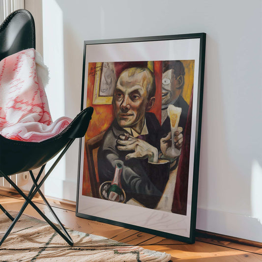 Framed painting of a man with a drink on a wall in a room with a chair and rug.