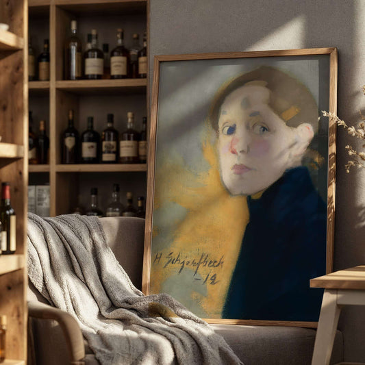 Framed portrait of a child on a shelf with wine bottles in a cozy room. Self-portrait by Helene Schjerfbeck