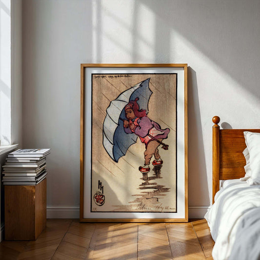 The Blue Umbrella by Helen Hyde, vintage portrait, woodblock poster, American Japanese-inspired, nursery, art reproduction, framed wall art, art poster