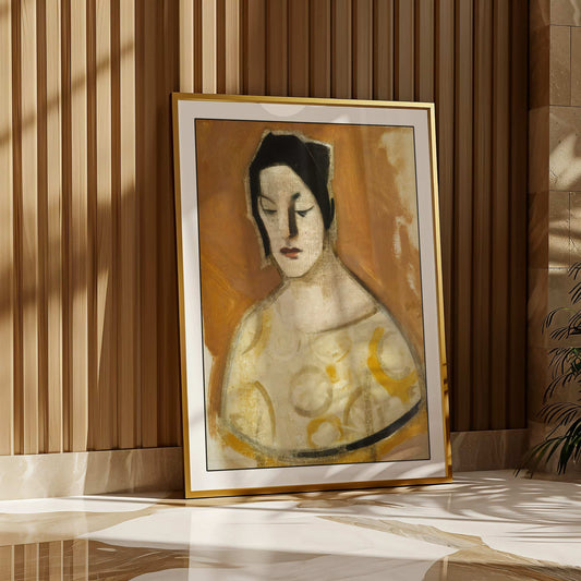 Framed painting of a woman's portrait on a wooden surface with a striped wall background. The Fortune-Teller by Helene Schjerfbeck