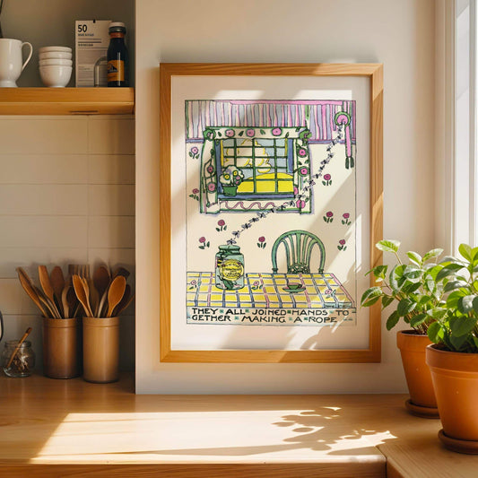 They all joined hands to gather making rope' by Jessie Marion King, decorative wall art, Scottish fairytale, whimsical, statement print, framed wall art, art poster