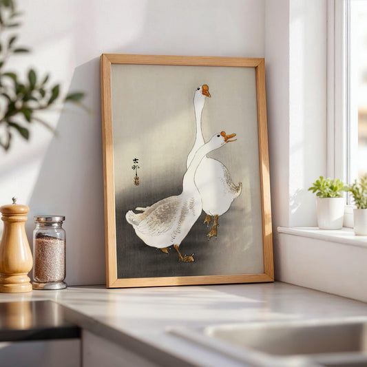 Two Geese by Ohara Koson, animal print, nature poster, Japanese shin-hanga, bird, home decor print, framed wall art, art poster