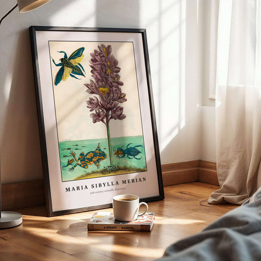 Water hyacinth, tree frog, and giant water bug by Maria Sibylla Merian, animal print, nature poster, German insect, scientific illustration, fine art poster, framed wall art, art poster