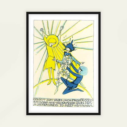 Golden Sun gives Jack Frost a golden cloak and Silver Moon gives him a silver dress' by Jessie Marion King, nature poster, figure wall art, Scottish whimsical, Art Nouveau, statement print, framed wall art, art poster