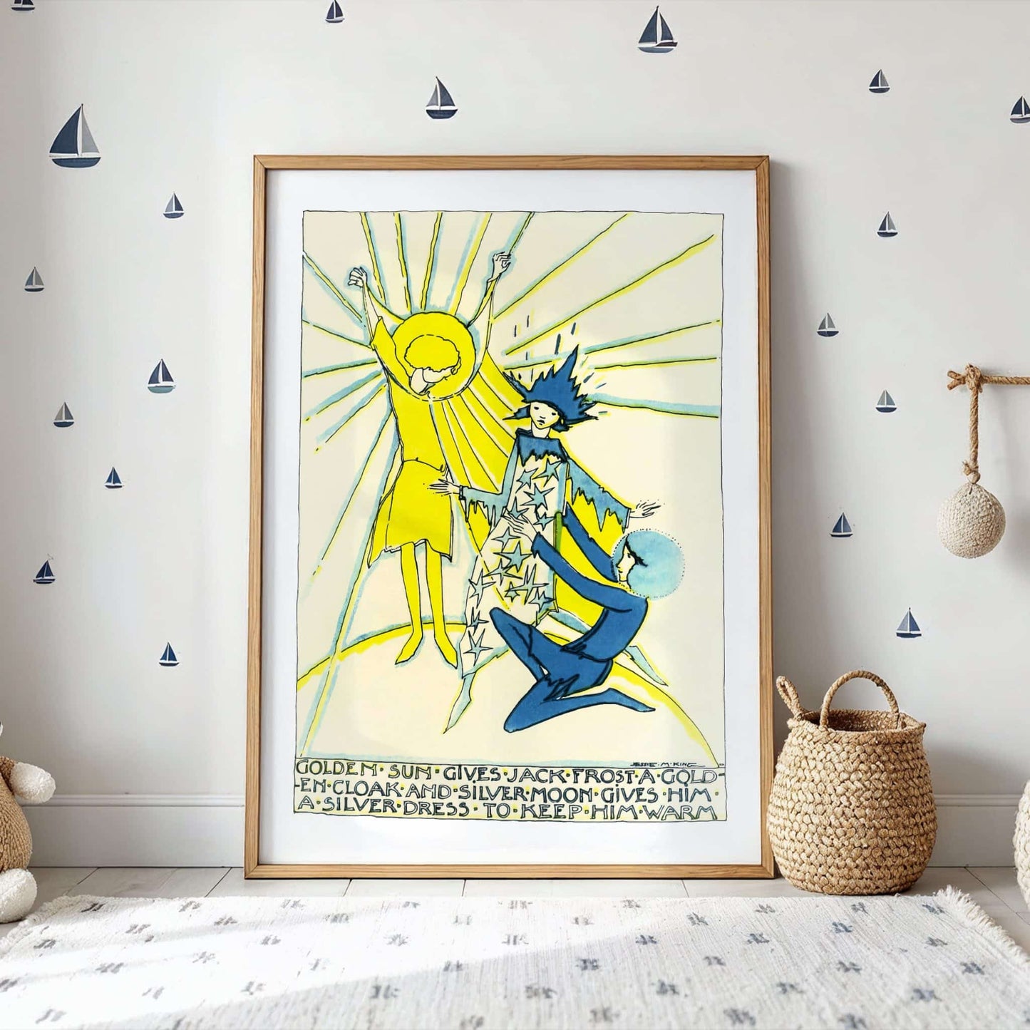 Golden Sun gives Jack Frost a golden cloak and Silver Moon gives him a silver dress' by Jessie Marion King, wildlife wall art, portrait print, Scottish Glasgow Style, nursery, affordable wall art, framed wall art, art poster