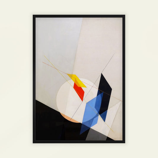 A 18 by Laszlo Moholy-Nagy. Framed abstract art with geometric shapes on a light background