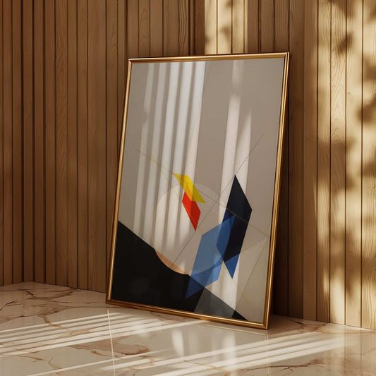 A 18 by Laszlo Moholy-Nagy. Framed abstract art piece on a wooden wall