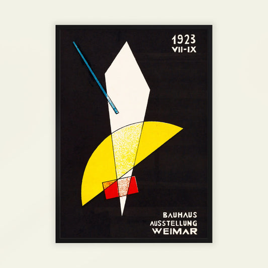 Bauhaus Exhibition Weimar Poster by Laszlo Moholy-Nagy. Abstract art piece with geometric shapes on a black background, featuring text '1923 VII-IX' and 'Bauhaus Ausstellung Weimar'.