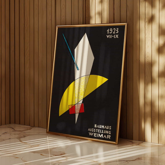 Bauhaus Exhibition Weimar Poster by Laszlo Moholy-Nagy. Framed Bauhaus poster on a wooden wall