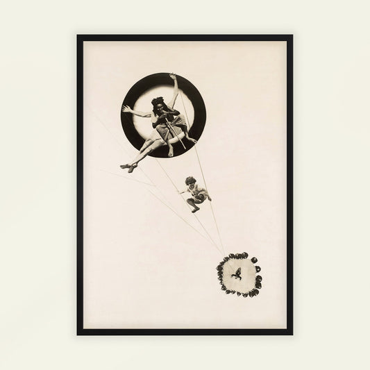 Behind the Back of the Gods by Laszlo Moholy-Nagy. Framed artwork of a woman and child on a kite with decorative elements on a beige background