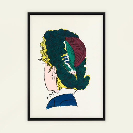 Bird in Hair by Raoul Dufy. Framed artwork of a stylized portrait with colorful hair on a white background