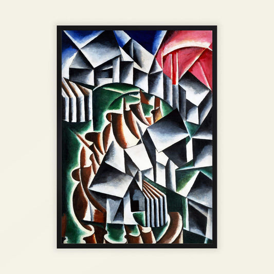 Abstract art piece with geometric shapes and vibrant colors on a white background. Birsk by Lyubov Popova