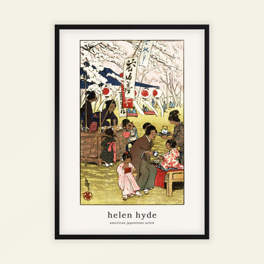 Blossom Time in Tokyo by Helen Hyde | With artist's name. Framed artwork by Helen Hyde featuring a traditional Japanese scene with people and cherry blossoms.