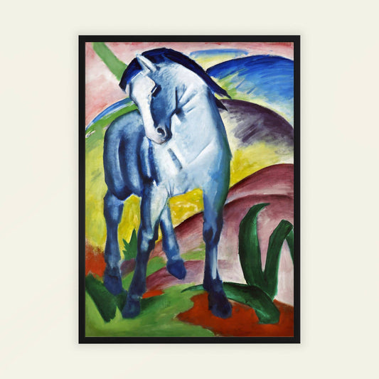 Famous painting of a blue horse with a colorful background