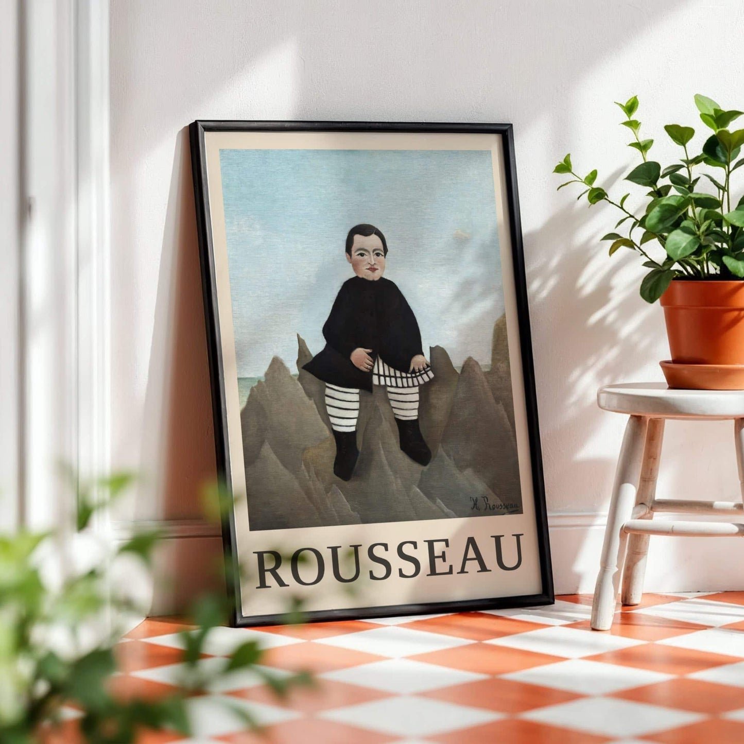 Boy on the Rocks by Henri Rousseau (with artist's name), figure wall art, landscape print, French naïve art, tropical, fine art poster, framed wall art, art poster