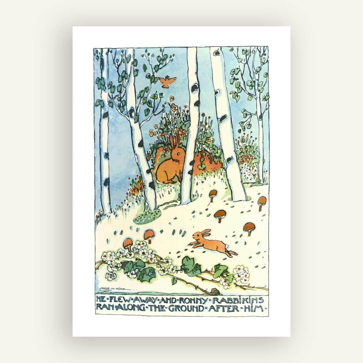 "He flew away and Ronny Rabbikins ran along the ground after him" (1929) | King, Jessie M.