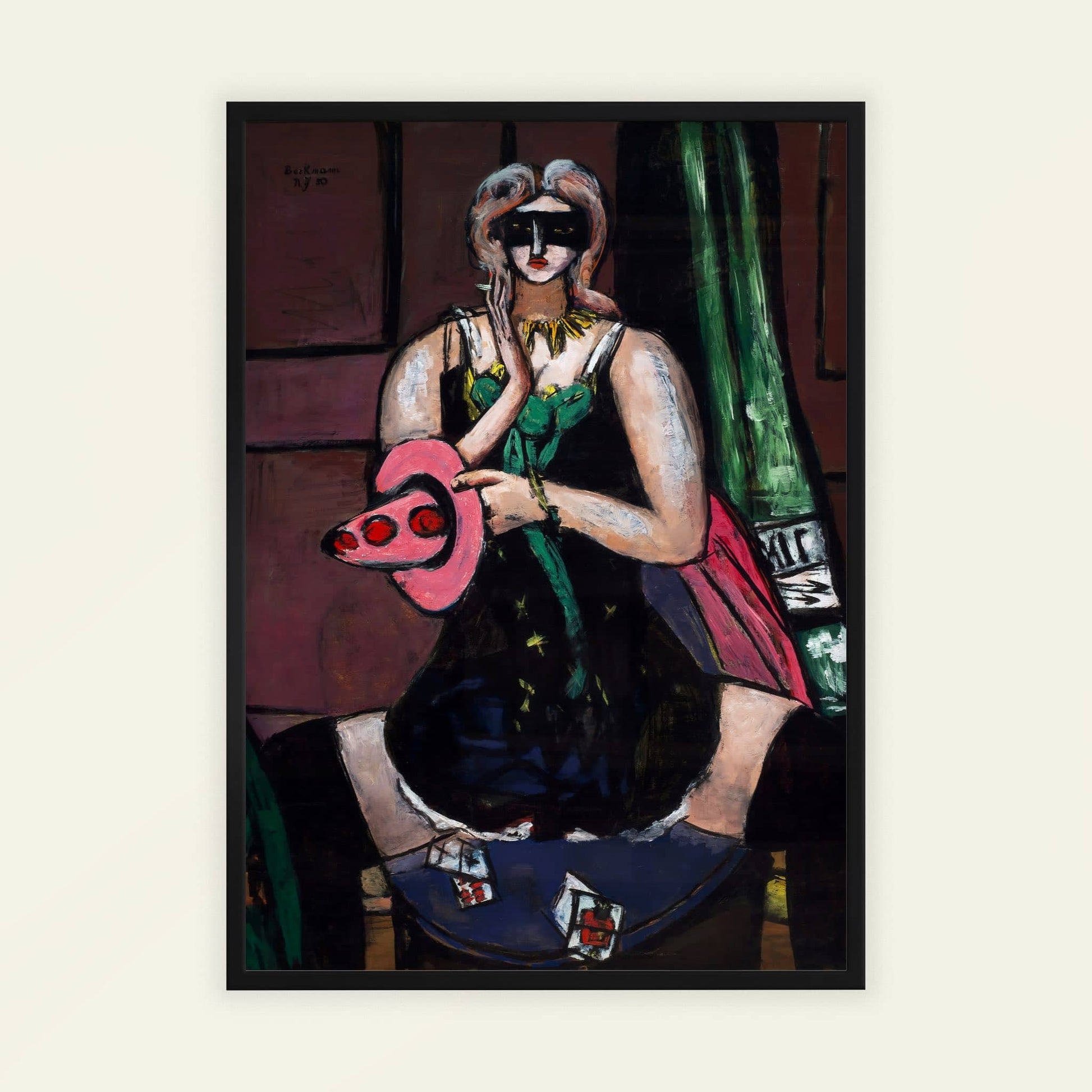 Carnival Mask, Green, Violet, and Pink (Columbine) by Max Beckmann, vintage portrait, figure wall art, German modernist, Expressionist, large wall art, framed wall art, art poster