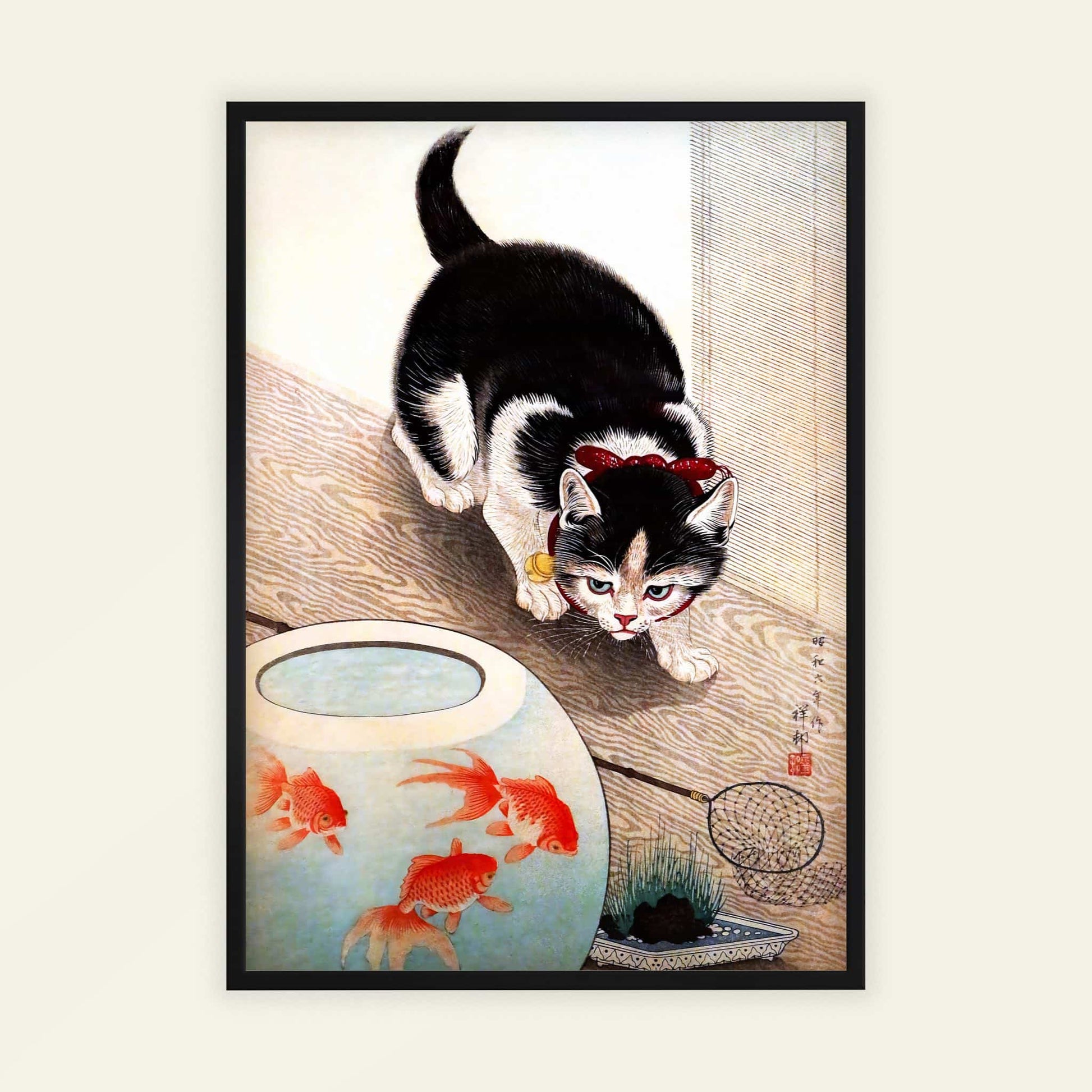 Cat and Goldfish Bowl by Ohara Koson, nature poster, woodblock poster, Japanese bird, Japanese, modern home decor, framed wall art, art poster