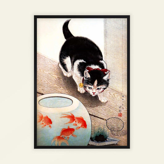 Framed artwork of a cat with a fishbowl and goldfish on a wooden floor. Cat and Goldfish Bowl by Ohara Koson