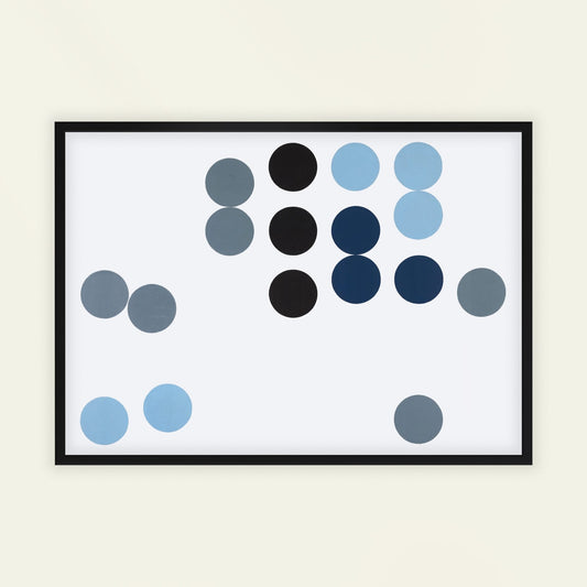 Framed artwork with colored circles on a white background. Cercles mouvementés by Sophie Taeuber-Arp