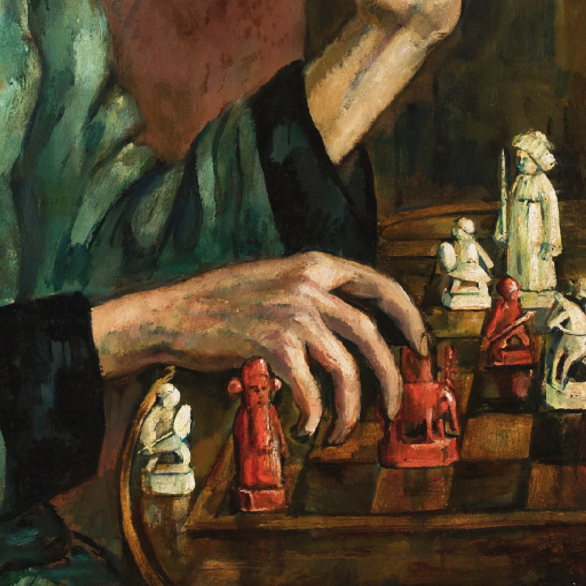 Artistic depiction of a hand reaching towards small figurines on a chessboard