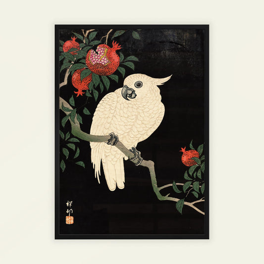 White cockatoo perched on a branch with red pomegranates against a black background. Cockatoo and Pomegranate by Ohara Koson
