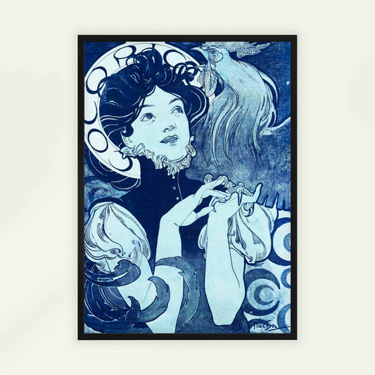 Cocorico by Alfons Mucha. Framed artwork of a stylized woman with a bird, in blue tones on a white background