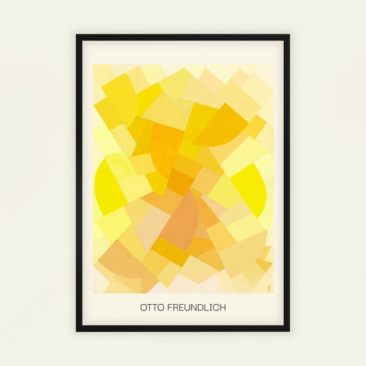 Composition by Otto Freundlich | With artist’s name. Framed abstract art print with geometric shapes in yellow and orange on a light background, featuring the artist's name 'Otto Freundlich'.