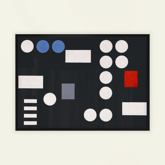 Abstract art piece with geometric shapes on a black background. Composition with Rectangles and Circles by Sophie Taeuber-Arp