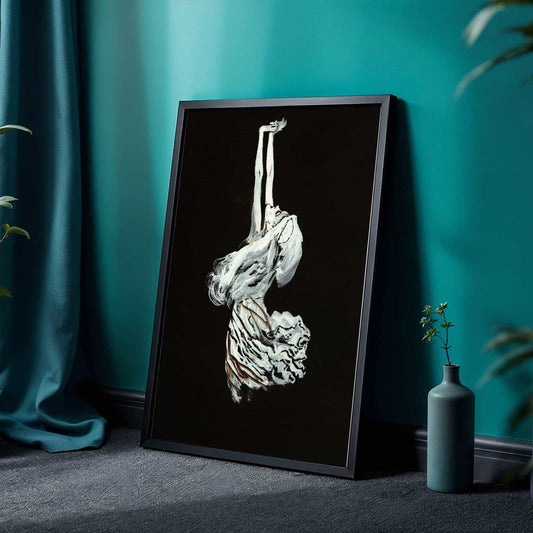 Dancer by Koloman Moser. Framed artwork of a abstract figure against a teal wall with a plant and vase.