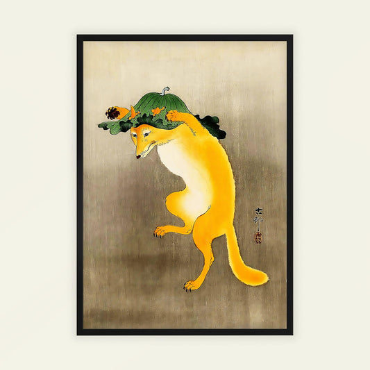 Framed artwork of a fox with a hat on a beige background. Dancing Fox with Lotus-Leaf Hat by Ohara Koson