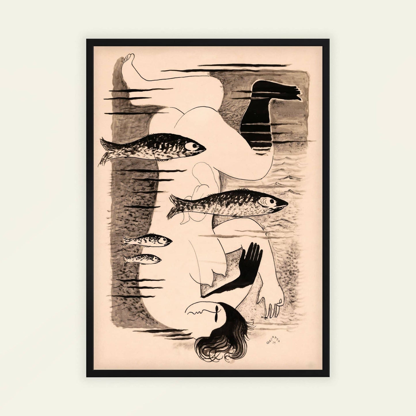 Drowned (Woman with fishes) by Mikuláš Galanda, modern art poster, figure wall art, Slovak Central European, folk art, unique art print, framed wall art, art poster