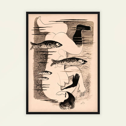Drowned (Woman with fishes) by Mikuláš Galanda, modern art poster, figure wall art, Slovak Central European, folk art, unique art print, framed wall art, art poster