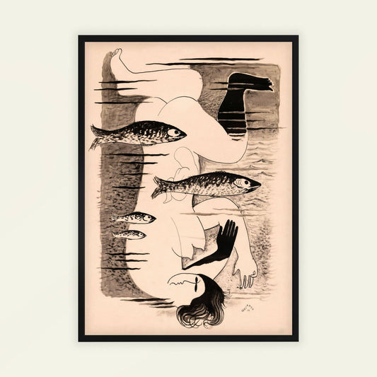 Framed artwork of a stylized illustration with a woman, fish, and abstract elements on a beige background.